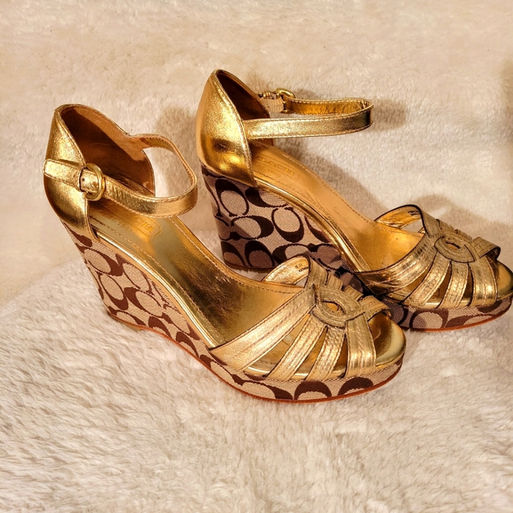 Coach “Katherine” Metallic Gold Wedge Heel Sandals